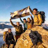 户外登山小队成功登顶后在山峰上挥舞旗帜庆祝